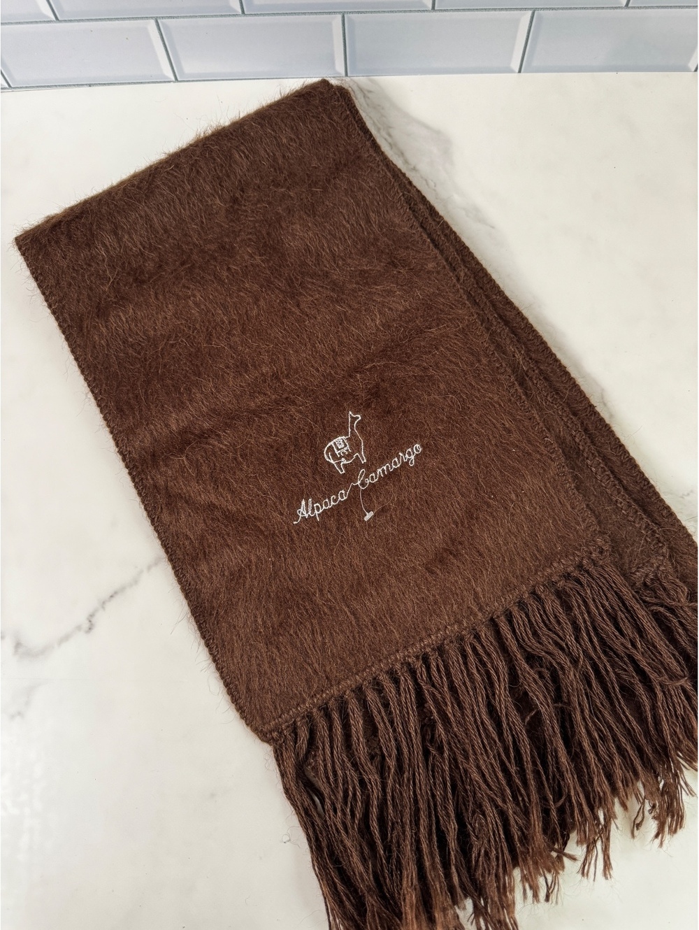 Alpaca Camargo Brown Fringed Scarf Embroidered Logo 64 x 9